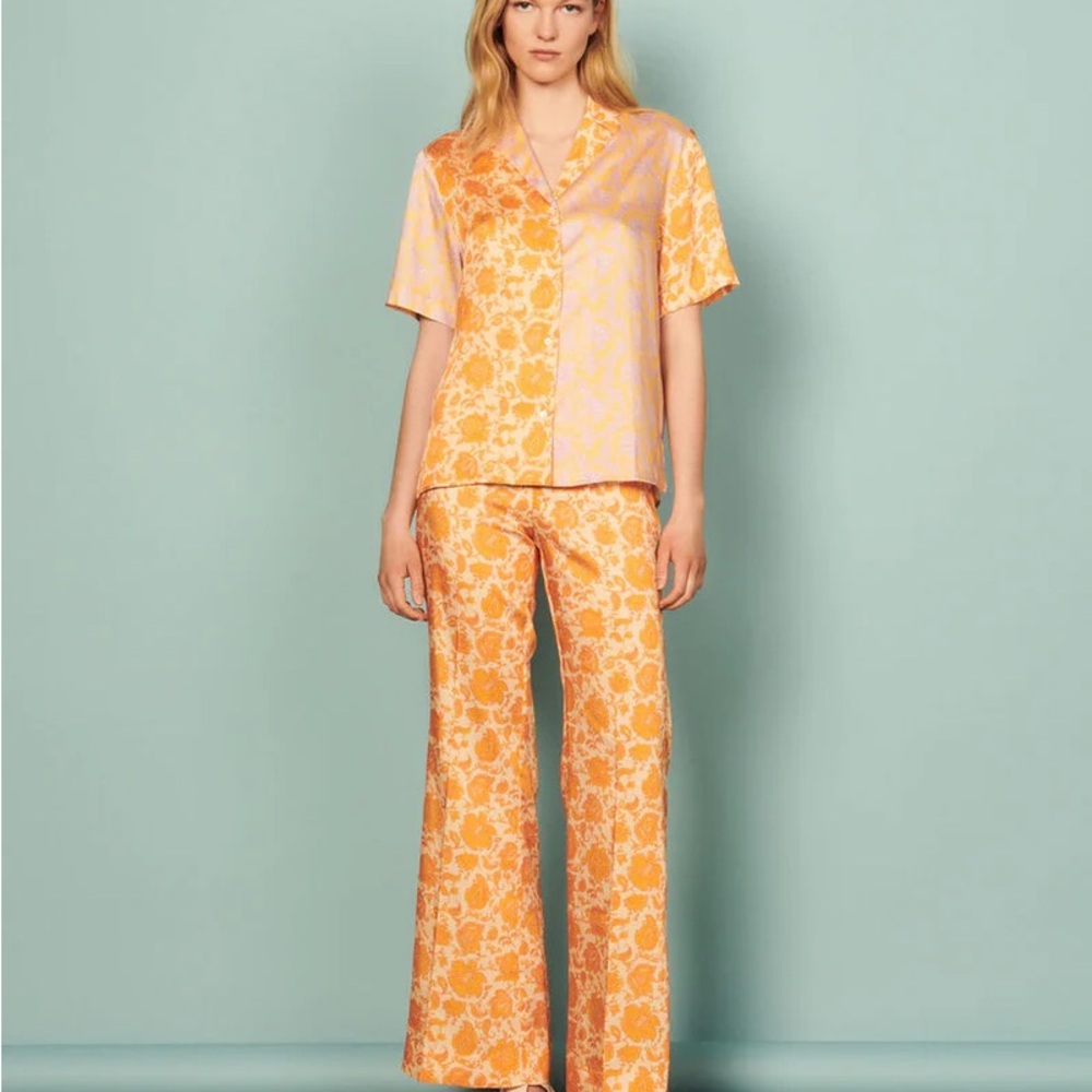 Sandro Yellow and Cream Floral Short-Sleeve Button-Down Shirt